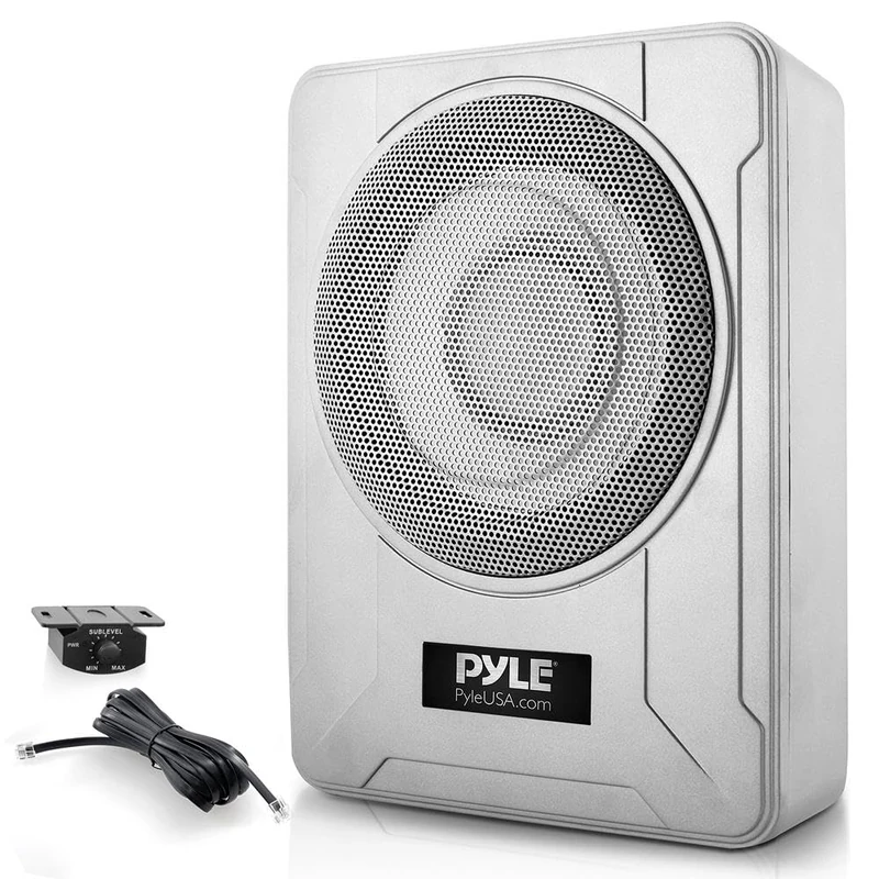 Pyle 8-Inch Low-Profile Amplified Subwoofer System - 600 Watt Compact Enclosed Active Marine Underseat Car Subwoofer with Built In Amp, Powered Car Subwoofer w/Low & High Level Inputs