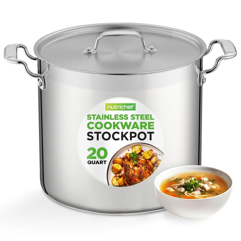 NutriChef Stainless Steel Stock Pot with Lid, 18 L Big Stockpots for Stew, Soup, Pasta, Meat- Induction Ready, Large Cooking Pot with Ergonomic Handles, Uncoloured