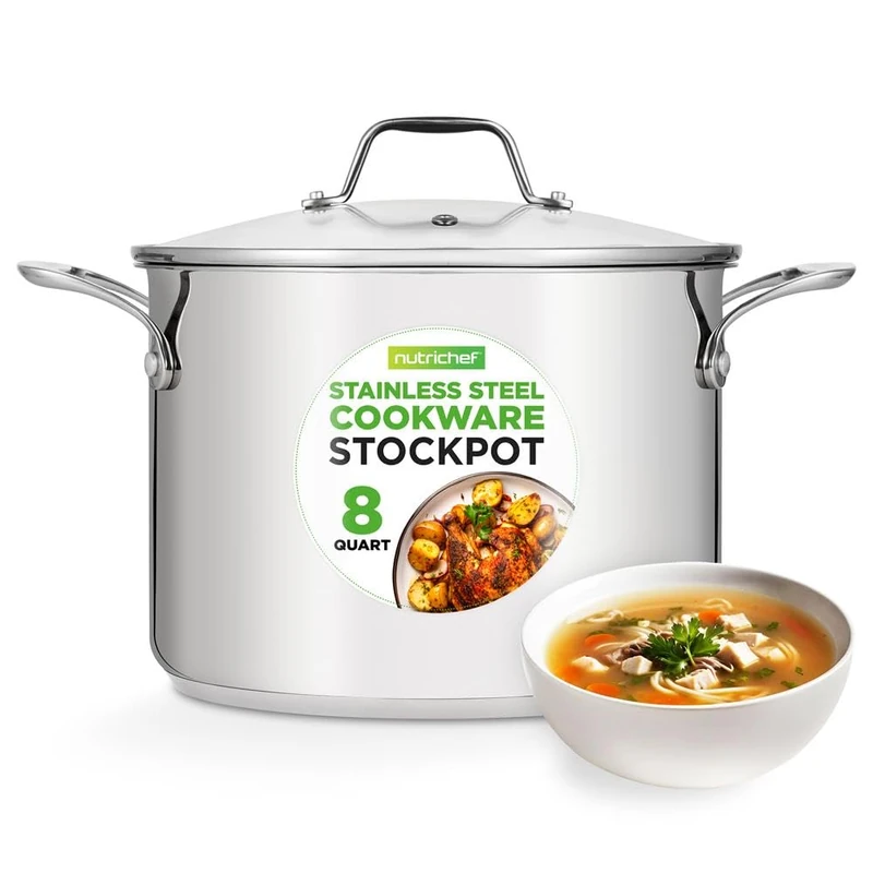 NutriChef Large Stainless Steel Stock Pot with Lid - Big Soup Pot, Heavy Cooking Pot with Glass Lid - Stew Pot, Cookware Induction Pot, Mirror Finish Stockpot, Deep Casserole Pot, 8-Qt / 7.5 Litre
