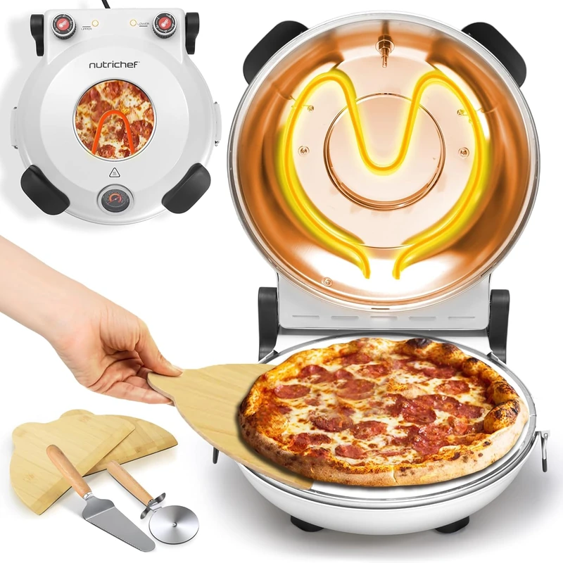 NutriChef Electric Indoor Pizza Oven, 30cm Countertop Cooker with Temp Control, Viewing Window, Non-Stick Stone, Heats to 425°C, Easy Clean Pizza's Maker Machine for Home, White