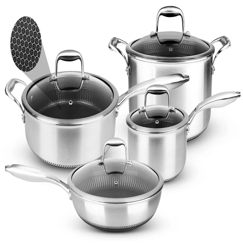 Nutrichef 8-Piece Triply Cookware Set Stainless Steel - Triply Kitchenware Pots & Pans Set Kitchen Cookware, Non-Stick Coating - Sauce Pot, Stew Pot, Cooking Pot, Frying Pan, Lids