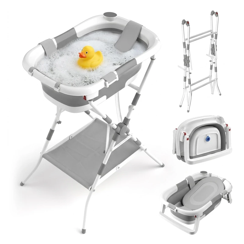 Relaxdays Foldable Baby Bath, with Stand & Cushion, Baby Bath, White/Grey