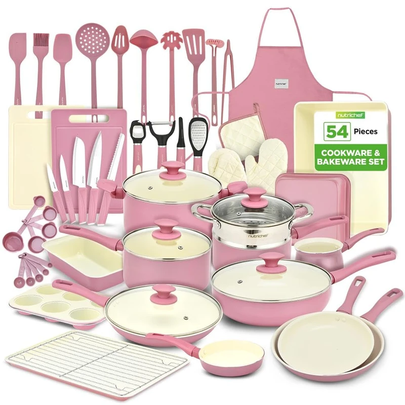 NutriChef 54-Piece Kitchen Cookware Set – Complete Non-Stick Ceramic Pots and Pans Set with Utensils, Bakeware, and Knife Set, Gas, Electric & Induction Compatible, Blush Pink Kitchen Essentials