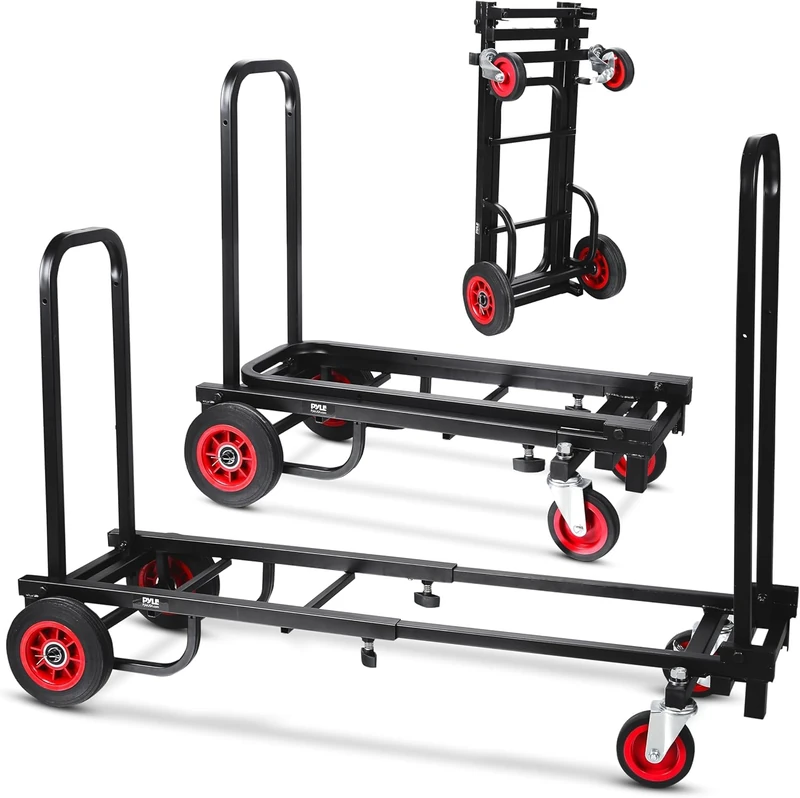 Pyle Equipment Cart - Compact Folding Adjustable Heavy Duty Trolley, 8-in-1 Sack Truck, Platform Truck, Trolley With R-Trac Wheels, Black