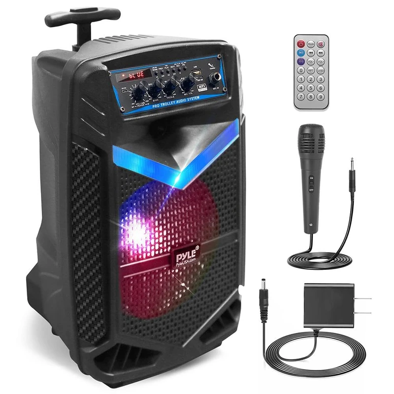 Portable Bluetooth PA Speaker System - 400W Rechargeable Outdoor Bluetooth Speaker Portable PA System with 8” Subwoofer 1” Tweeter, Recording Function, Mic In, Party Lights USB/SD, Radio