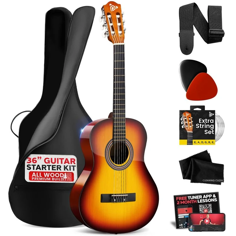 Pyle Beginner Acoustic Guitar Kit, 3/4 Junior Size All Wood Instrument for Kids, Adults, 36" Brown Gloss
