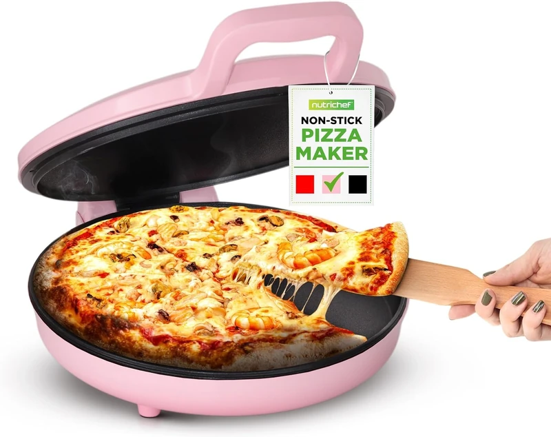 NutriChef Countertop Pizza Maker | 1500W Non-Stick Electric Pizza Cooker | Make 12" Personal Pizzas, Eggs, Toast & More | Cool-Touch Handles, Compact & Space-Saving | Temp Range 175-400°F | Pink