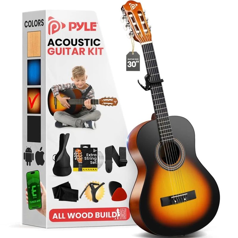 Pyle Beginner Acoustic Guitar Kit, 1/4 Junior Size All Wood Build Nylon Stringed Instrument with Capo, Strap, Extra String Set, Gig Bag, Guitars for Beginners Adults Youth, 30" Sunburst Teardrop Gloss