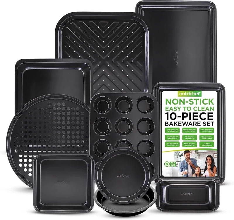 Nutrichef Oven Tray Set, Baking Trays for Oven Non Stick Set, Bakeware Cooking Pans, Cookie Sheets, 10 Piece Carbon Steel Square, Round, Loaf, Pizza, Cupcake Tins, Dishwasher Safe, Black - Image 1