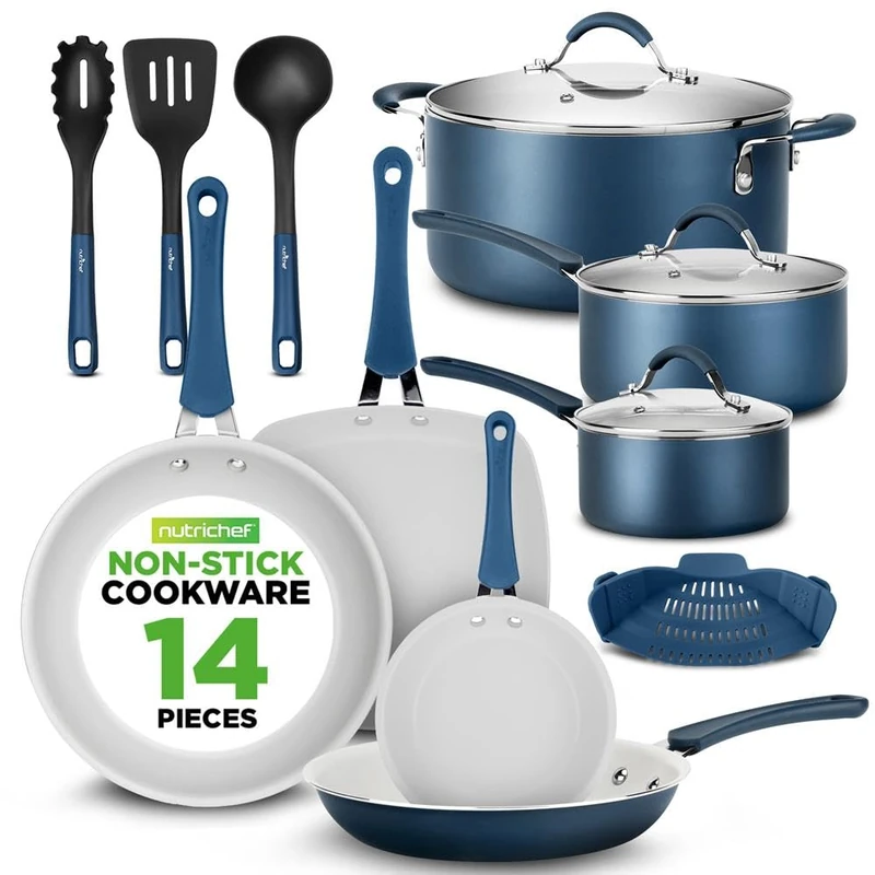 NutriChef 14-Piece Nonstick Brown Cookware Set - Scratch-Resistant Kitchen Pots and Pans with Lids & Utensils, for All Cooktops (Blue)