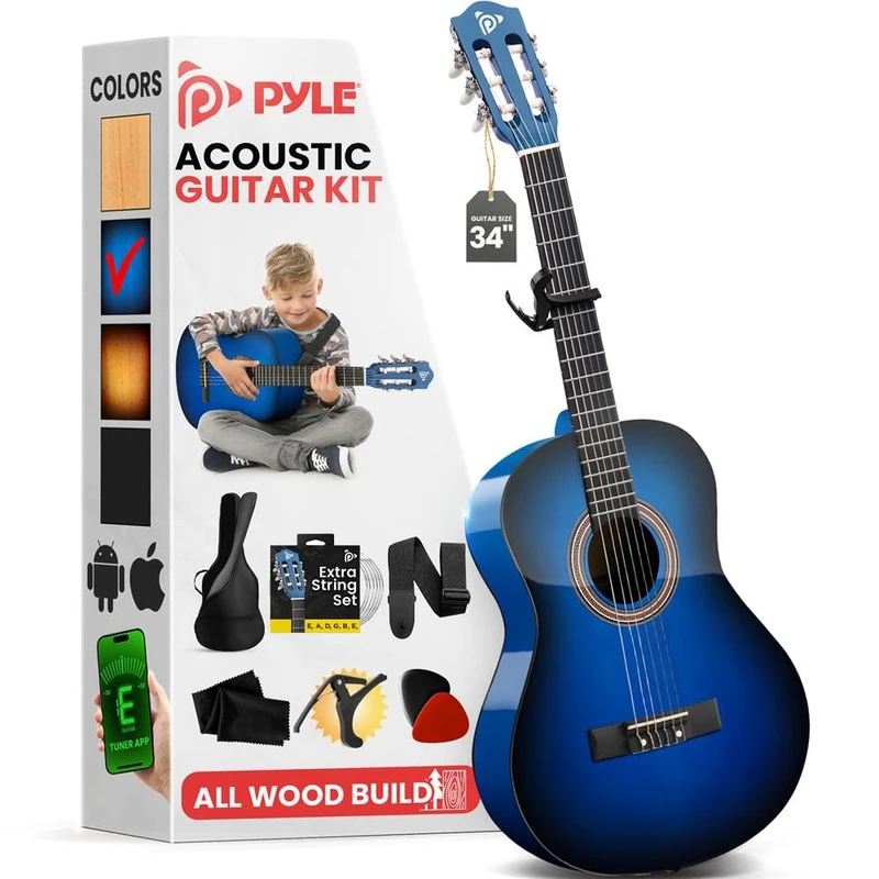 Pyle Beginner Acoustic Guitar Kit, 1/2 Junior Size All Wood Build Nylon String Instrument with Capo, Strap, Extra String Set, Gig Bag, Guitars for Beginners Adults Youth, 34" Blue Burst Gloss