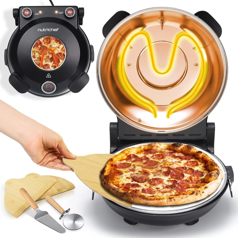 NutriChef Electric Indoor Pizza Oven, 30cm Countertop Cooker with Temp Control, Viewing Window, Non-Stick Stone, Heats to 425°C, Easy Clean Pizza's Maker Machine for Home, Black