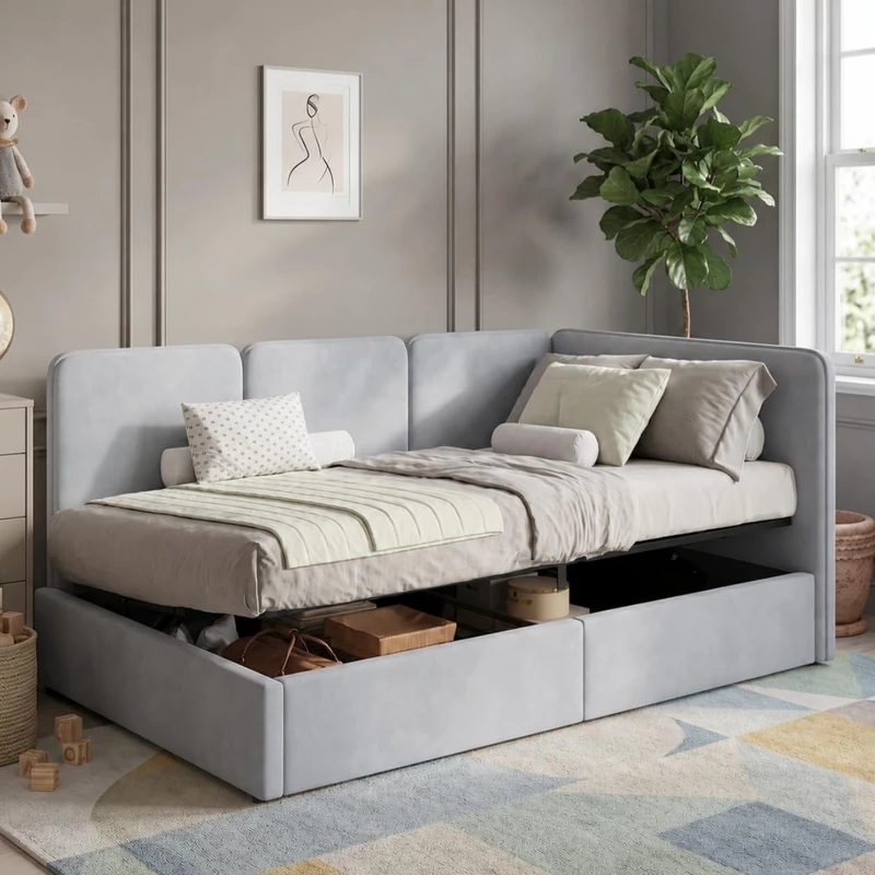 Ball & Cast 3FT Single Ottoman Daybed with Storage, 90 x 190 cm Upholstered Velvet Day Bed, Reversible Left or Right Chaise Design, Hydraulic Lift Storage Bed Frame, Velvet, Grey
