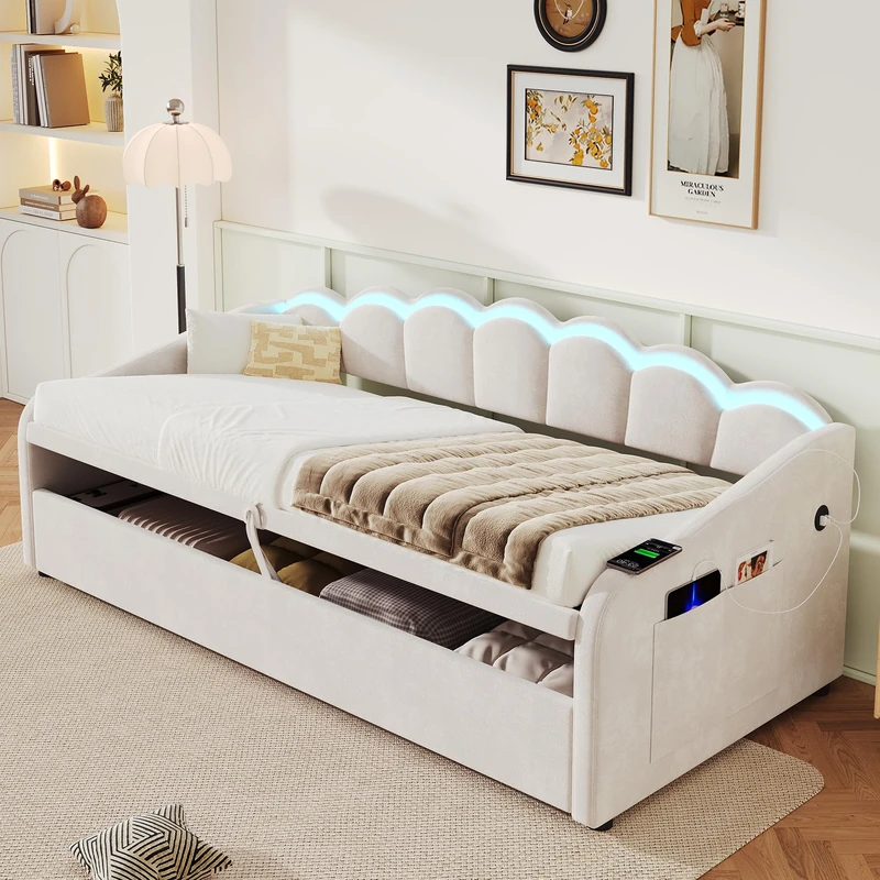 Ball & Cast Upholstered Bed 90x190cm, Daybed, RGB LED Sofa Bed with Charging Station, 3ft Petal Shape Single Bed with Hydraulic Storage for Living Room/Bedroom/Study Room, Velvet, Beige