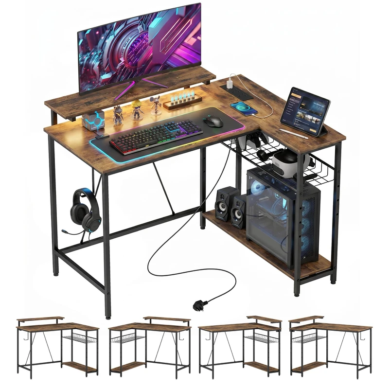HOMCOM L Shaped Gaming Desk LED Lights Power Outlet 107cm Rustic Brown