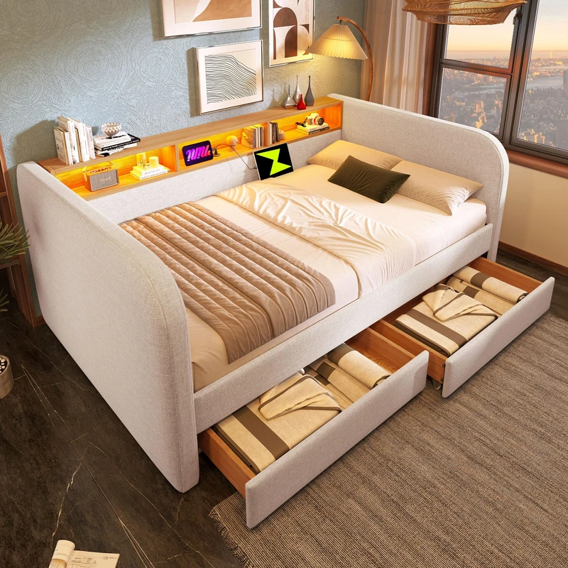 Ball & Cast Upholstered Daybed with Headboard Storage, 90 x 190 cm Single Sofa Bed with LED and USB Type-C Reading Light, 3FT Daybed with 2 Drawers, Linen, Beige (Without Mattress)