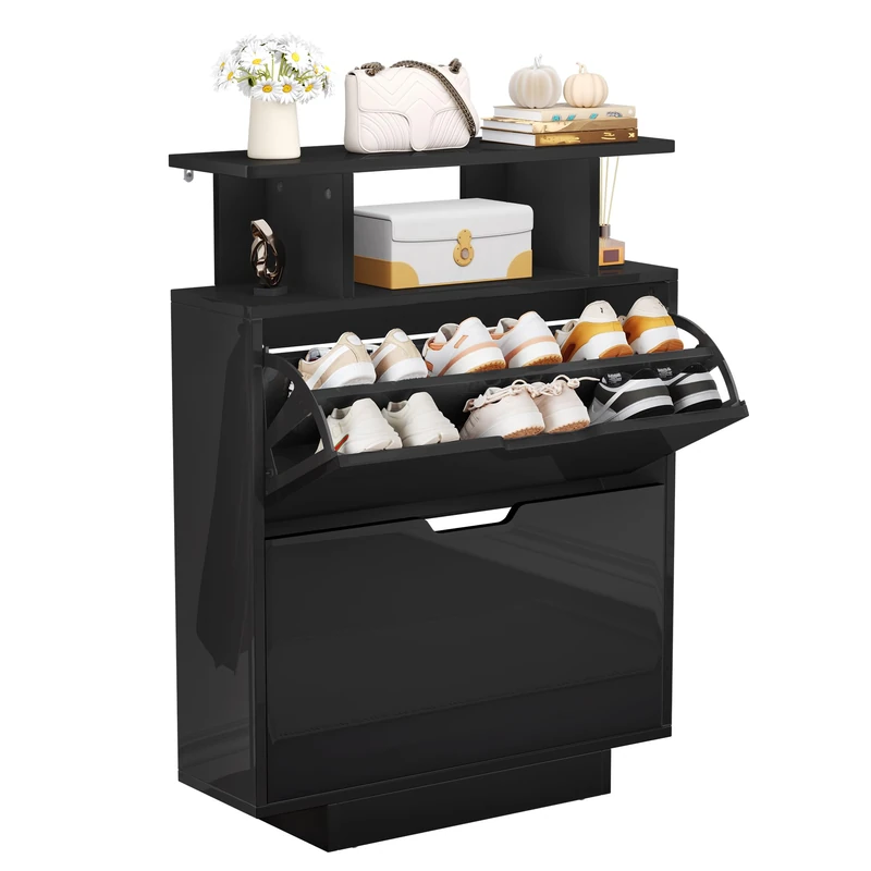 YITAHOME Slim Shoe Cabinet, 2 Flip Drawers, High Gloss, 80x24x106cm, Black - Image 1