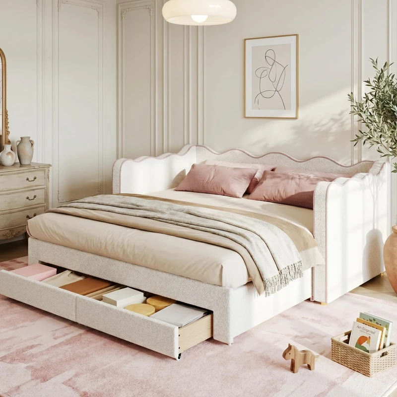 Ball & Cast Daybed Sofa Bed with Pull-Out Trundle, Upholstered Single Bed 90 x 190 cm Extends to 180 cm, with 2 Storage Drawers, USB Charging Port & Padded Side Panels, Bouclé, Beige+Pink