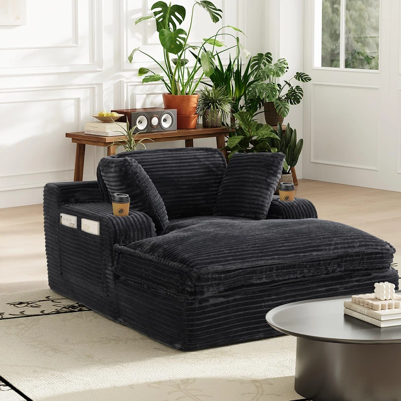 MALOL COLAMY Chaise Lounge Chair, Corduroy Single Sofa Bed with Pillow & Cup Holders, Double Layer Cushion Lounger Chair for Living Room, Bedroom or Guest Room, No Assembly Needed, Black