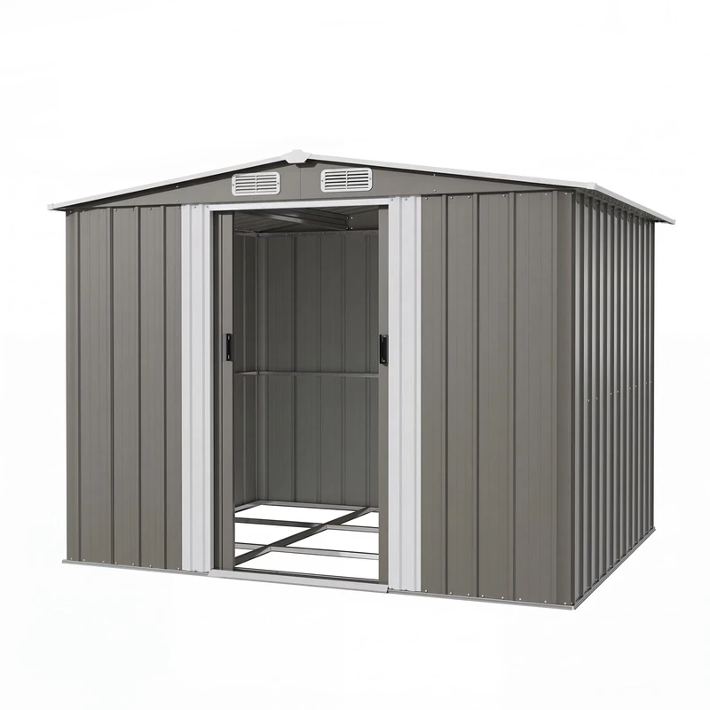 JUMMICO 8x7ft Metal Garden Shed, Large Outdoor Storage for Tools, Bikes Lawnmowers, Double Sliding Doors, Weatherproof Ventilated, Multi-Purpose Shelter for Garden, Patio Backyard,Gris - Image 1