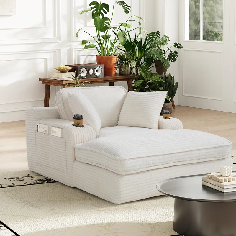 MALOL COLAMY Chaise Lounge Chair, Corduroy Single Sofa Bed with Pillow & Cup Holders, Double Layer Cushion Lounger Chair for Living Room, Bedroom or Guest Room, No Assembly Needed, Beige