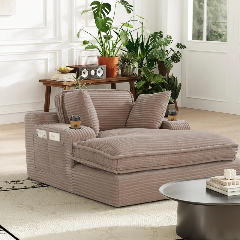 MALOL COLAMY Chaise Lounge Chair, Corduroy Single Sofa Bed with Pillow & Cup Holders, Double Layer Cushion Lounger Chair for Living Room, Bedroom or Guest Room, No Assembly Needed, Camel