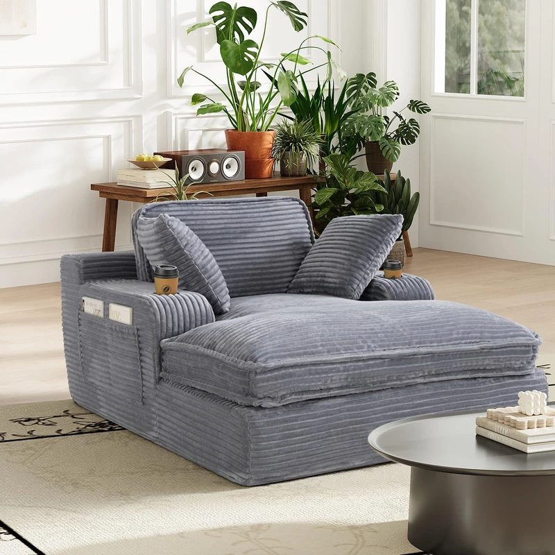COLAMY Chaise Lounge Chair, Corduroy Single Sofa Bed with Pillow & Cup Holders, Double Layer Cushion Lounger Chair for Living Room, Bedroom or Guest Room, No Assembly Needed, Grey