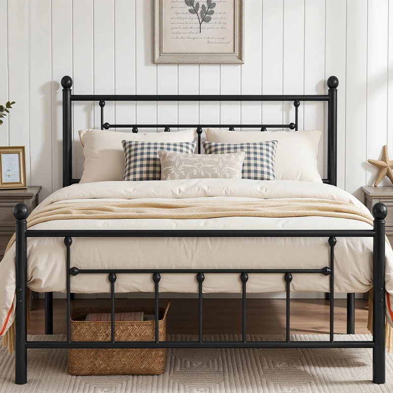 VECELO 4ft6 Double Bed Frame, 135 x 190 cm Metal Platform with High Victorian Headboard and Footboard, Heavy Duty Steel Slat Support, Underbed Storage Space, Noise Free, Easy Assembly, Black