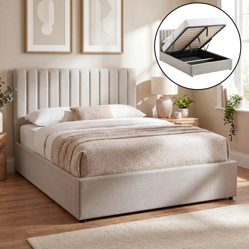 Vida Designs Vellaro Double Ottoman Fabric Bed Frame | Beige Linen | 103H x 146W x 200.5D cm (4ft6) | Hydraulic Gas-Lift | Lift Up Storage | Slatted Base | Minimalist Furniture