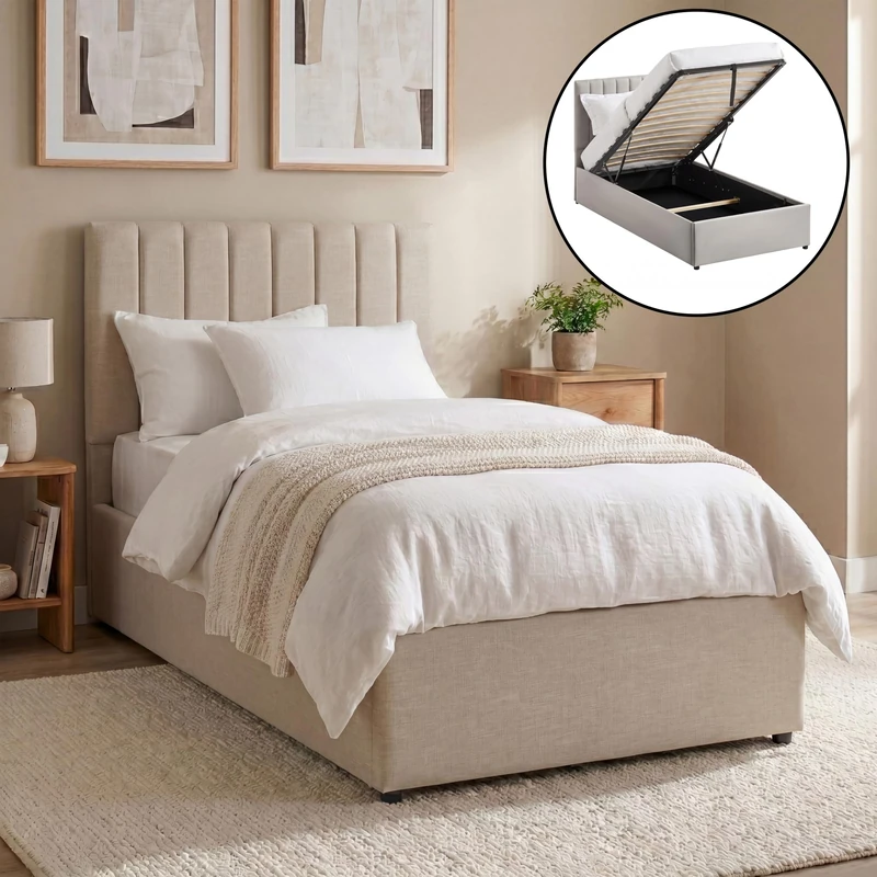 Vida Designs Vellaro Single Ottoman Fabric Bed Frame with 3ft Mattress | Beige Linen | 103H x 100W x 200.5D cm | Hydraulic Gas-Lift | Lift Up Storage | Slatted Base | Minimalist Furniture