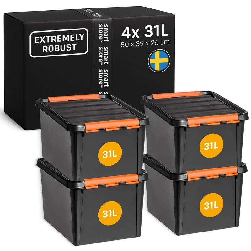 SmartStore Heavy-Duty Plastic Storage Box with Lid I 31 Litres I For Garage, Shelves, Moving I Set of 4 Stackable Boxes with Clip Closure I Tool Storage I BPA-Free I 50 x 39 x 26 cm
