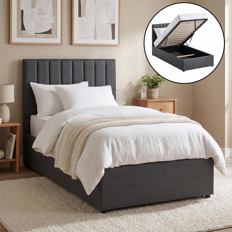 Vida Designs Vellaro Single Ottoman Fabric Bed Frame | Dark Grey Linen | 103H x 100W x 200.5D cm (3ft) | Hydraulic Gas-Lift | Lift Up Storage | Slatted Base | Minimalist Furniture