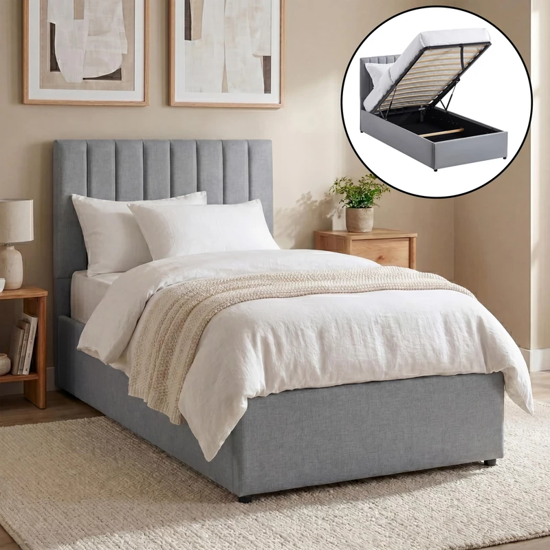 Vida Designs Vellaro Single Ottoman Fabric Bed Frame | Light Grey Linen | 103H x 100W x 200.5D cm (3ft) | Hydraulic Gas-Lift | Lift Up Storage | Slatted Base | Minimalist Furniture