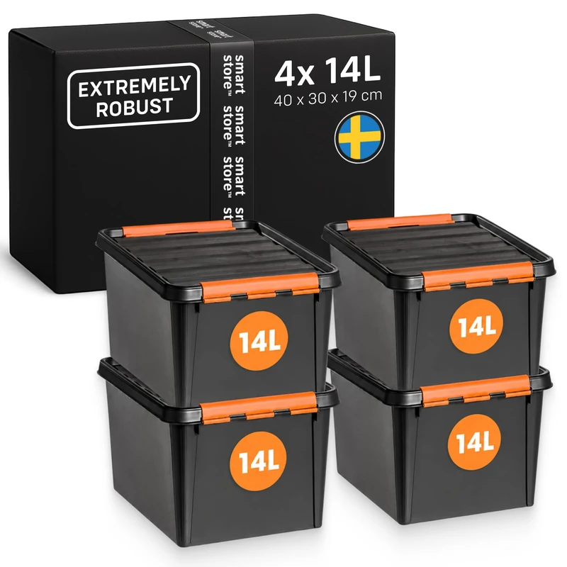 SmartStore Heavy-Duty Plastic Storage Box with Lid I 14 Litres I For Garage, Shelves, Moving I Set of 4 Stackable Boxes with Clip Closure I Tool Storage I BPA-Free I 40 x 30 x 19 cm