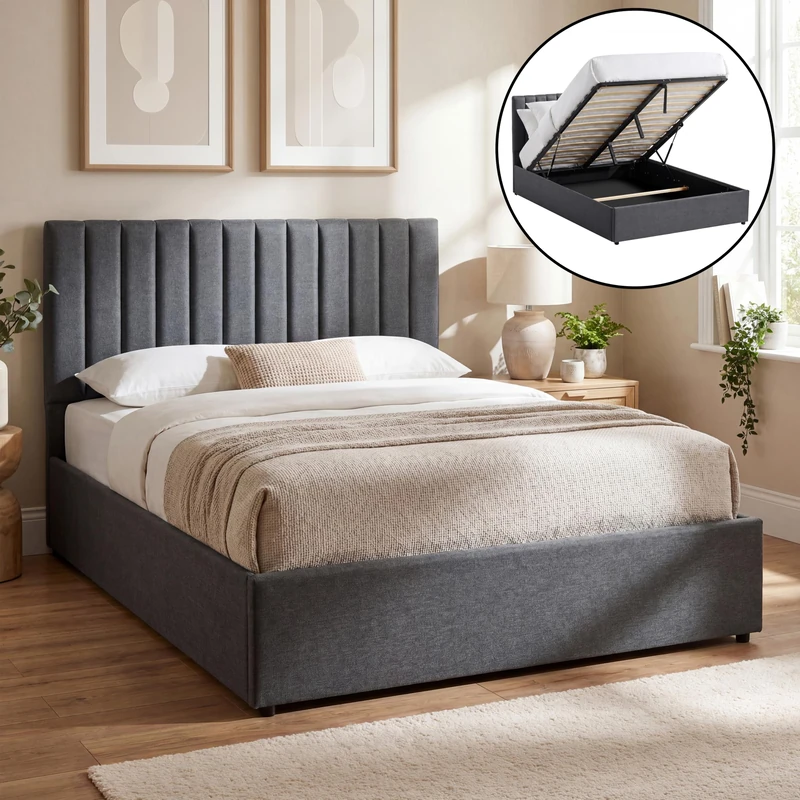 Vida Designs Vellaro King Ottoman Fabric Bed Frame with 5ft Mattress | Dark Grey Linen | 103H x 160W x 210.5D cm | Hydraulic Gas-Lift | Lift Up Storage | Slatted Base | Minimalist Furniture