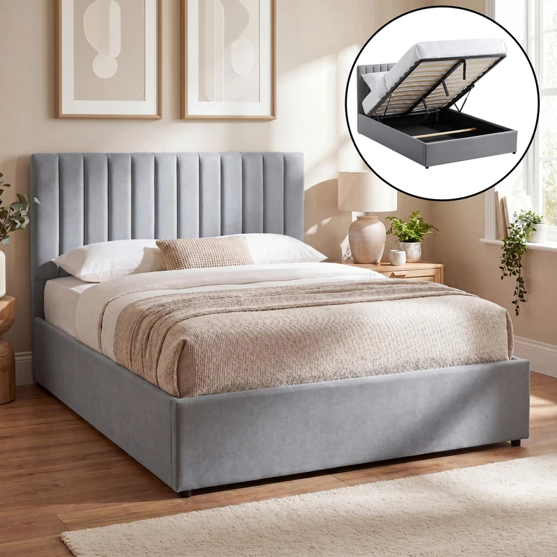 Vida Designs Vellaro King Ottoman Fabric Bed Frame | Light Grey Linen | 103H x 160W x 210.5D cm (5ft) | Hydraulic Gas-Lift | Lift Up Storage | Slatted Base | Minimalist Furniture