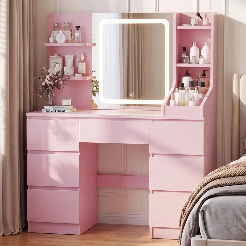 JUMMICO Dressing Table with LED Mirror,Adjustable Brightness (Pink)