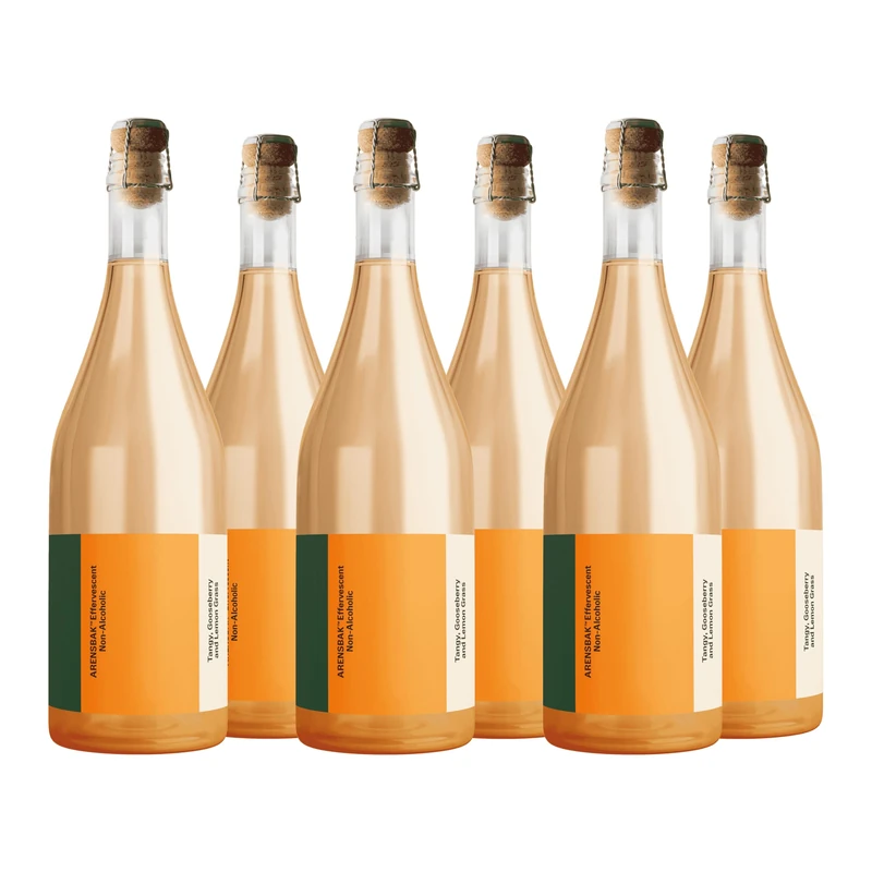 ARENSBAK Effervescent Alcohol-Free Sparkling Wine Alternative (Case of 6), Danish Fermented Tea Proxy with Gooseberry and Peach, 75cl 0.5% ABV