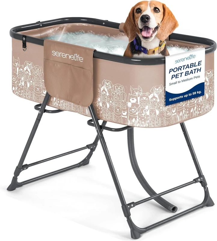SereneLife Portable Dog Bath Tub, Foldable Grooming Dog Washing Station, Large Puppy Bath with Adjustable Height, Drain Hose & Storage Pockets, 59Kg Capacity for Indoor/Outdoor Use (Brown)