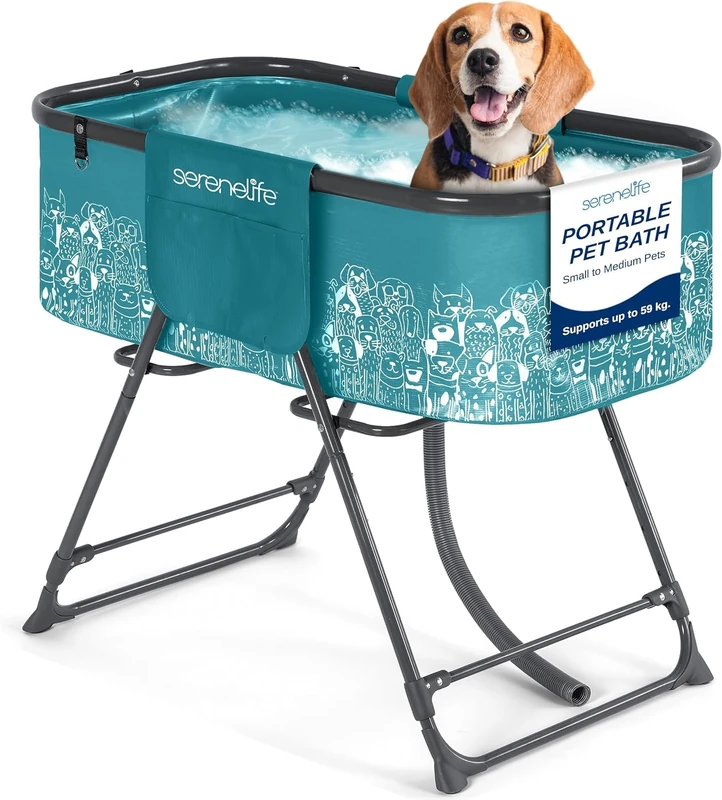 SereneLife Portable Dog Bath Tub, Foldable Grooming Dog Washing Station, Large Puppy Bath with Adjustable Height, Drain Hose & Storage Pockets, 59Kg Capacity for Indoor/Outdoor Use (Blue)