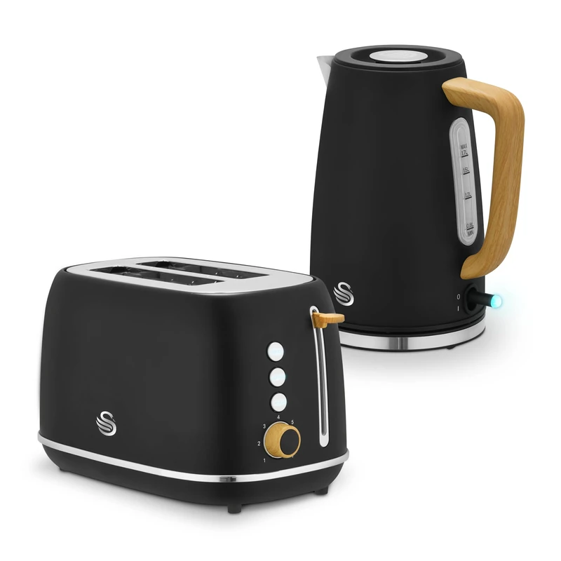 Swan Fjord Breakfast Essentials Bundle with 1.7L Rapid Boil Kettle and 2 Slice Toaster, Black with Wood Effect, EEJB490