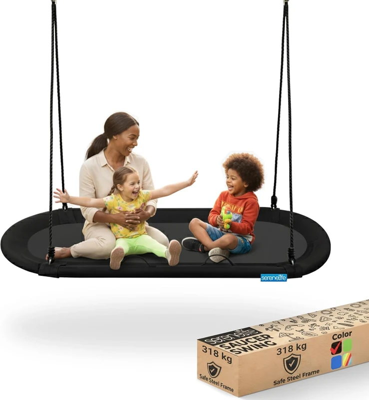 SereneLife 67" Oval Saucer Swing - Giant Outdoor Swing Set with Universal Hanging Kit, Swinging Seat Spinner with Pillow & Carry Bag, Weatherproof, Water-Resistant, Supports Up to 700 lbs, Black