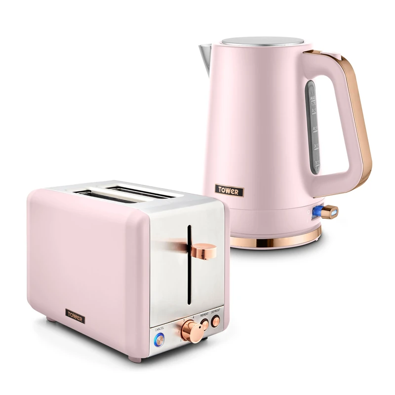 Tower Cavaletto Jug Kettle & 2 Slice Toaster Bundle, 1.7L 3kW Rapid Boil Kettle & 2 Slice Toaster with 6 Browning Levels, Pink with Rose Gold Accents, EEJB458