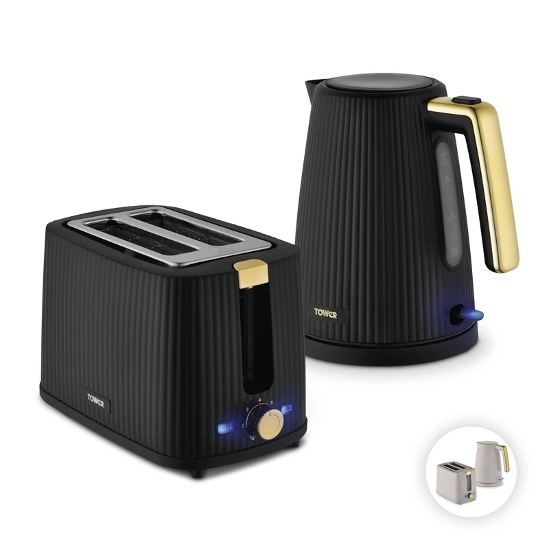 Tower Velora Kettle & Toaster Set, 1.7L 3kW Rapid Boil Kettle & 2 Slice Toaster with 7 Browning Levels, Ribbed Design with Gold Accents, Matte Black, EEJB492