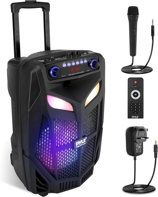 Pyle Portable Bluetooth PA Speaker System - 800W 12” Outdoor BT Speaker - Party Lights, USB/SD Card Reader/FM Radio, Rolling Wheels, Includes 2 Wireless Microphones, Remote Control