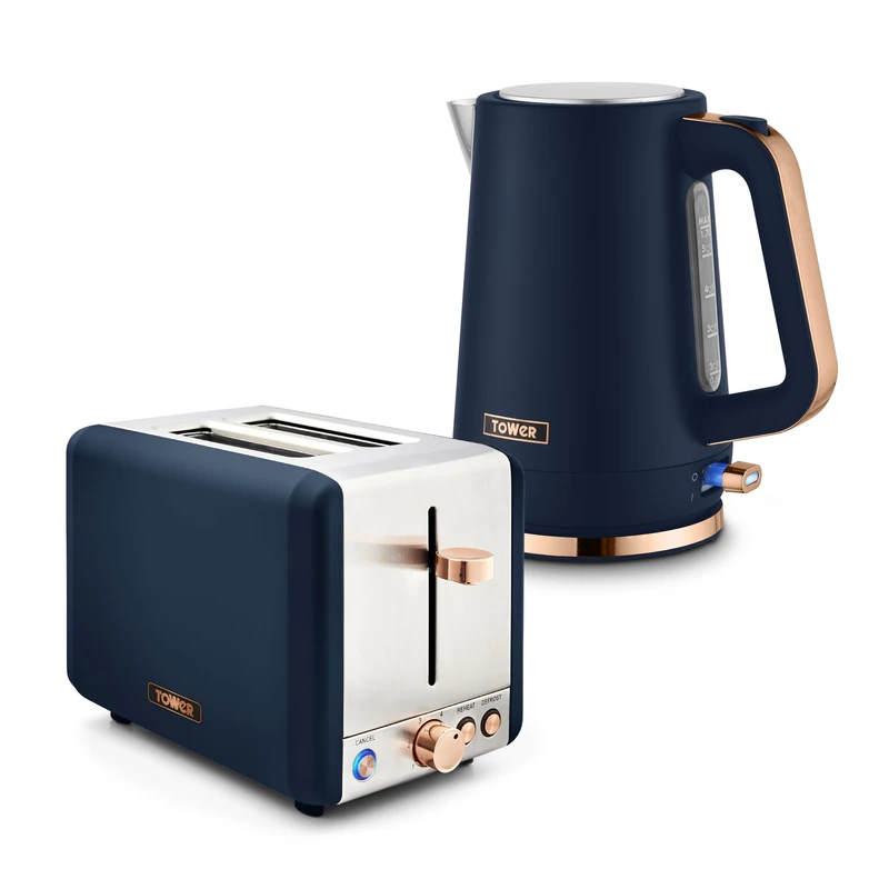 Tower Cavaletto Jug Kettle & 2 Slice Toaster Bundle, 1.7L 3kW Rapid Boil Kettle & 2 Slice Toaster with 6 Browning Levels, Midnight Blue with Rose Gold Accents, EEJB457