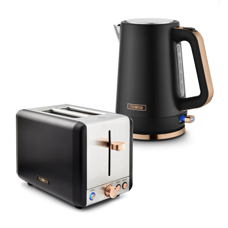 Tower Cavaletto Jug Kettle & 2 Slice Toaster Bundle, 1.7L 3kW Rapid Boil Kettle & 2 Slice Toaster with 6 Browning Levels, Black with Rose Gold Accents, EEJB455