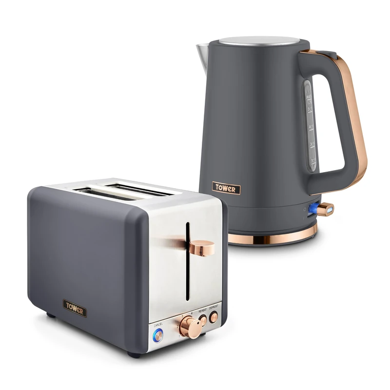 Tower Cavaletto Jug Kettle & 2 Slice Toaster Bundle, 1.7L 3kW Rapid Boil Kettle & 2 Slice Toaster with 6 Browning Levels, Grey with Rose Gold Accents, EEJB456