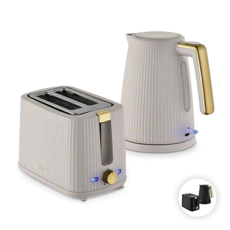 Tower Velora Kettle & Toaster Set, 1.7L 3kW Rapid Boil Kettle & 2 Slice Toaster with 7 Browning Levels, Ribbed Design with Gold Accents, Matte Stone, EEJB491 - Image 1
