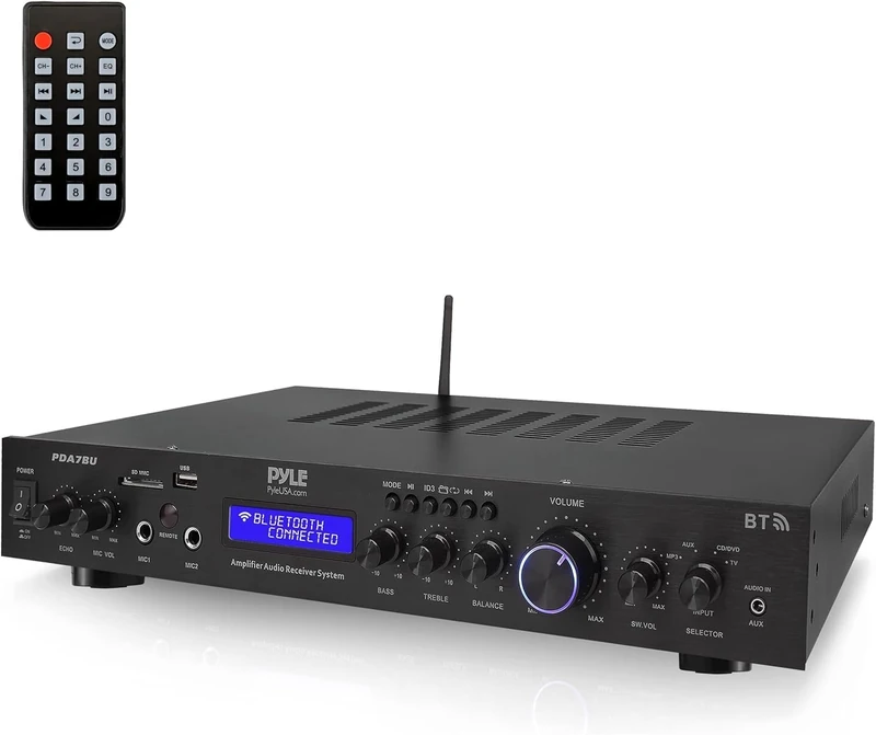 Pyle Amplifier Hifi - Bluetooth AV Receiver, for Echo Studio/Home/Theater - Hi-Fi Mini Amplifiers, Speaker Amp with MP3/USB/SD/AUX/FM Radio, Digital LCD Display, 200 Watts 5 Channel Stereo Amplifier